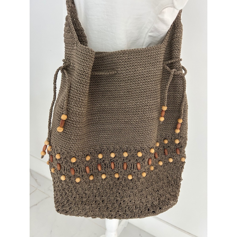 Boho Crochet Beaded Hobo Bag Taupe Brown Knit Shoulder Crossbody Bag
